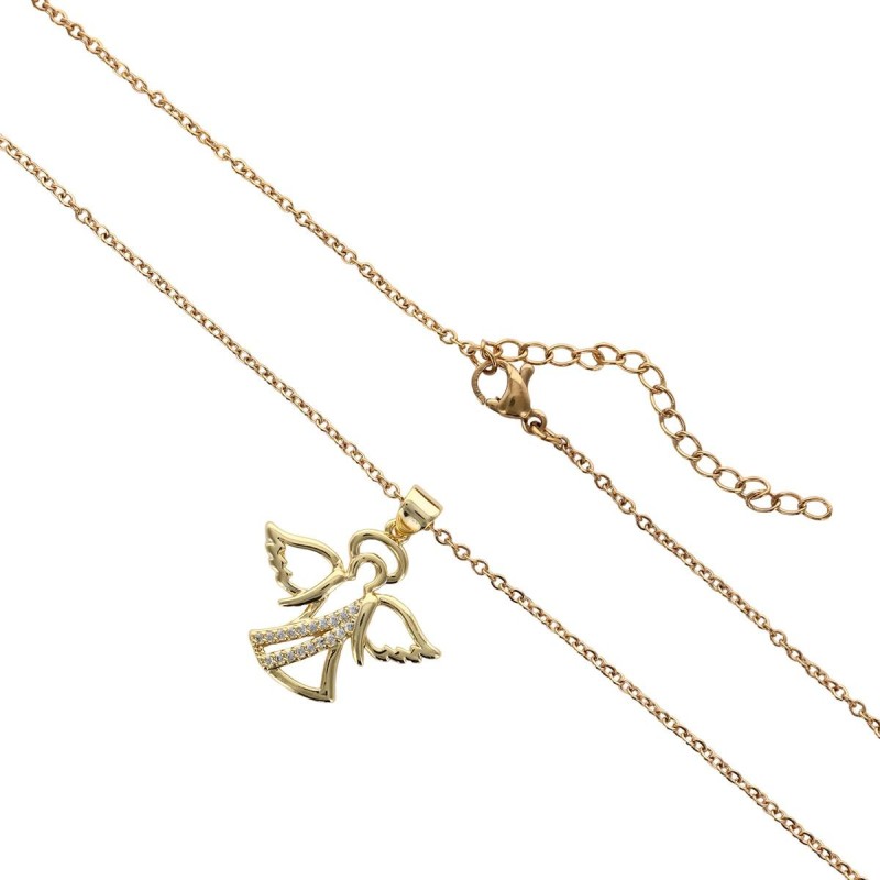 Collier avec chaine L.45 cm réglable jusqu'à 50cm avec ange strass H.2 cm en acier inoxydable dorée, livrée en pochette.